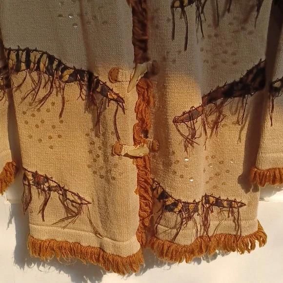 Safari Knit Faux Fur Animal Print Spots Stripes Sequins & Fringe Long Sweater - Picture 3 of 10